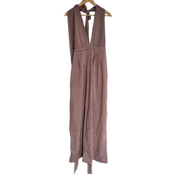 Cider Brown Gingham Plunge V-Neck One Piece Wide Leg Pantsuit Jumpsuit Size XL - Picture 8 of 16